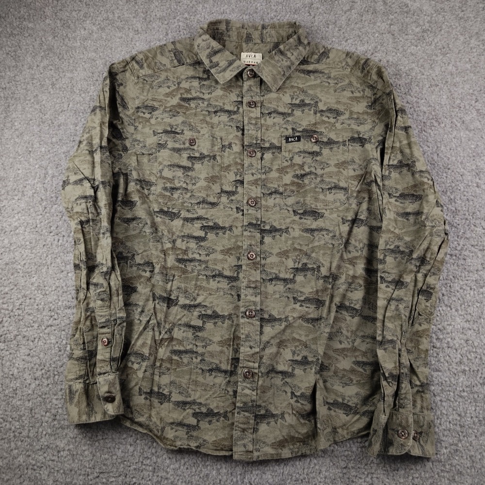 RVCA Shirt Mens Medium Horton Fish Trout Print Olive Green Button Up - Picture 5 of 7